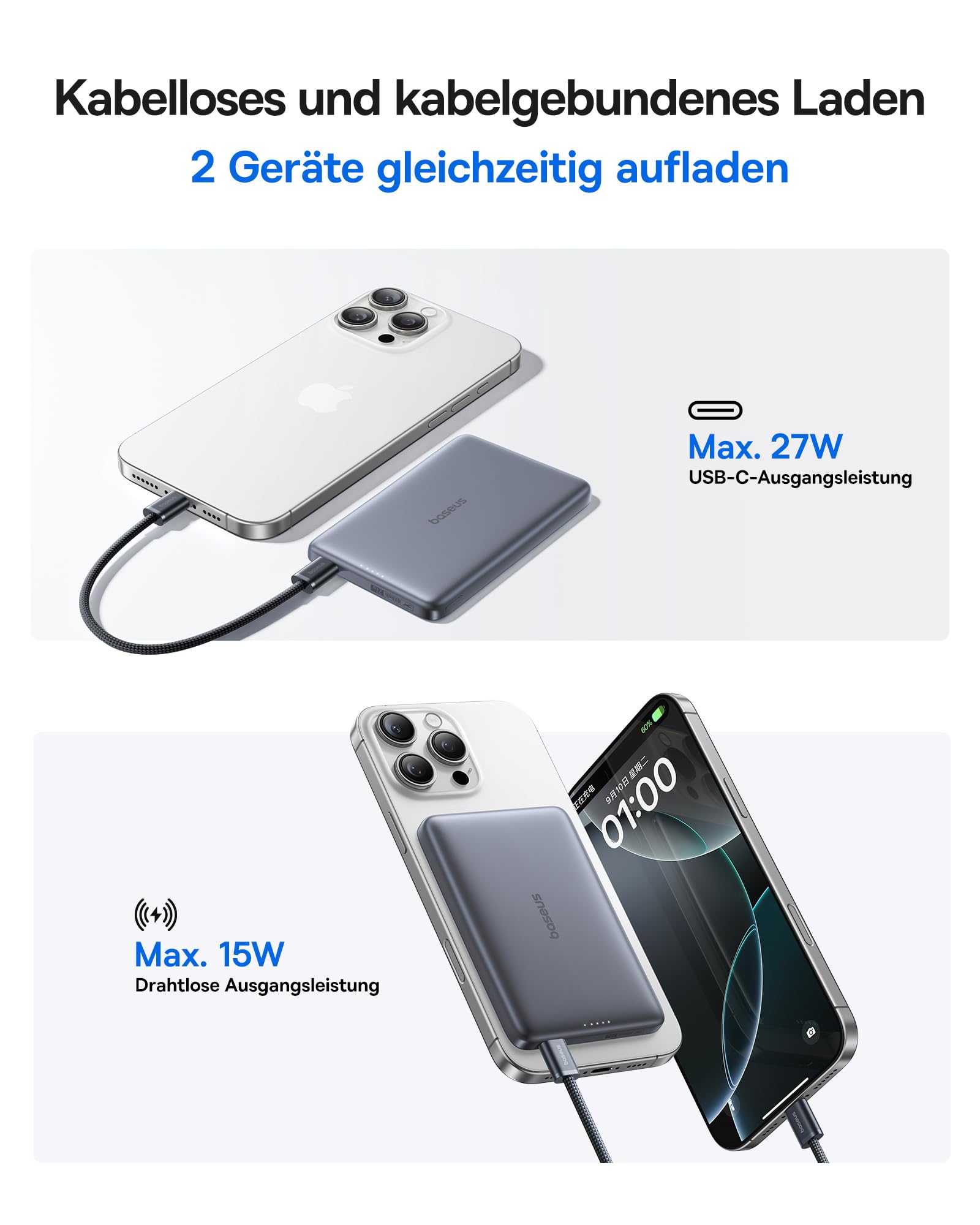 Baseus Picogo AM41 Power Bank, 10000mAh Qi2 Magsafe Powerbank 15W Wireless, Ultra Slim, PD 27W Schnellladung, Magnetische Externe Batterie für iPhone 17/16/15/14/13/12, Grauer