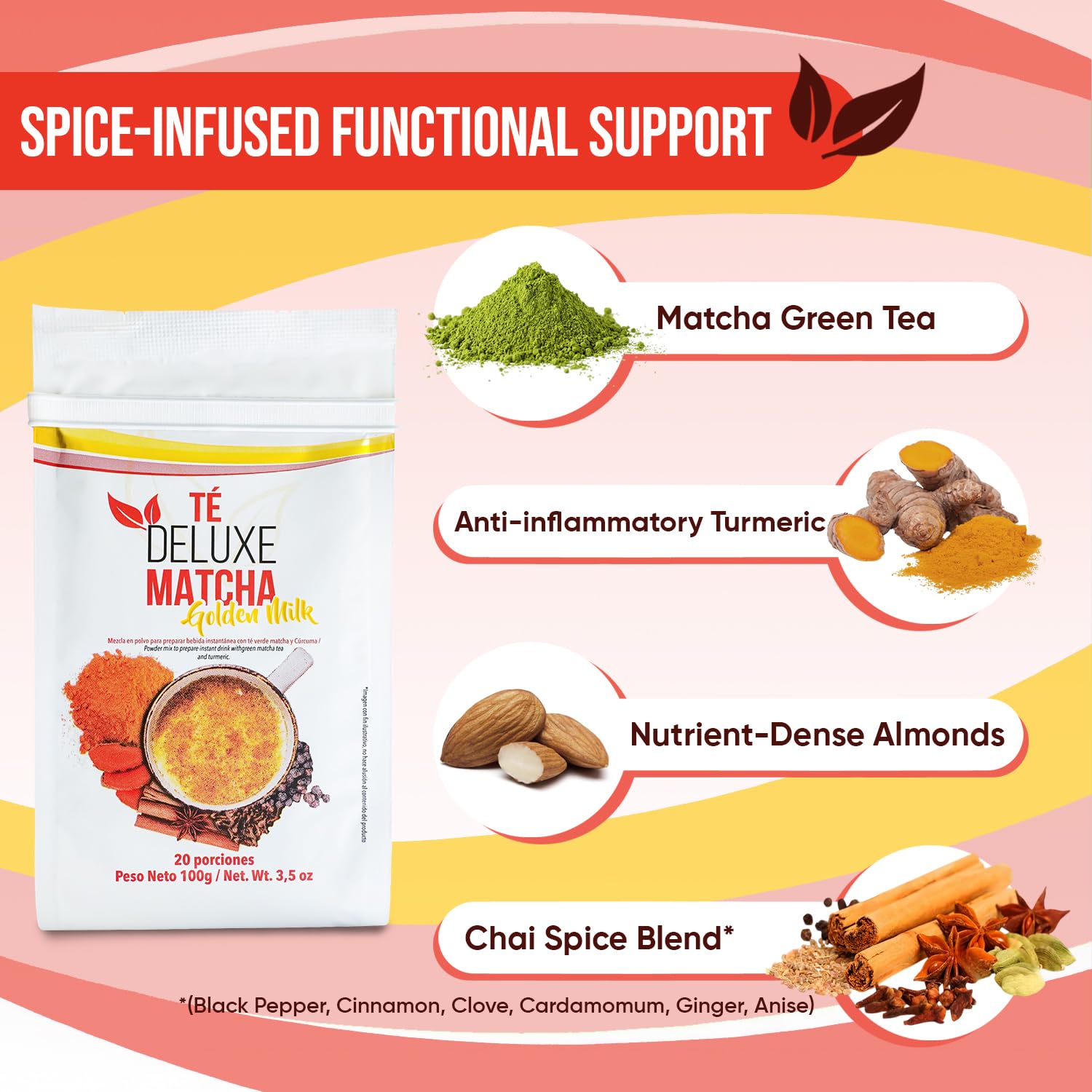 TÉ DELUXE Premium Matcha Golden Milk Powder with Turmeric, Ginger, Almond & Green Tea | Gourmet Spiced Chai Blend for Instant Tea Latte | | Unsweetened, Vegan, Non-GMO, Keto