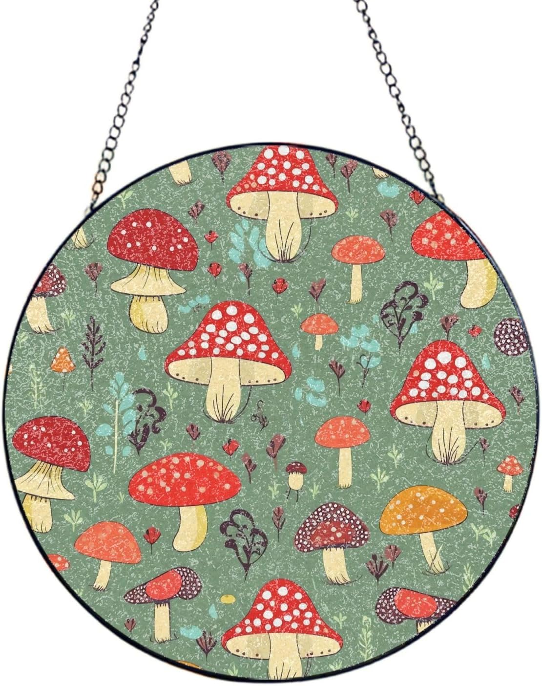 Stained Glass Window Hanging Decor, Cartoon Mushrooms Sun Catcher Ornament Glass Panel with Metal Chain 12in Suncatcher Decor Indoor Window Wall Art Home Decor Gift for Women Wife and Mom