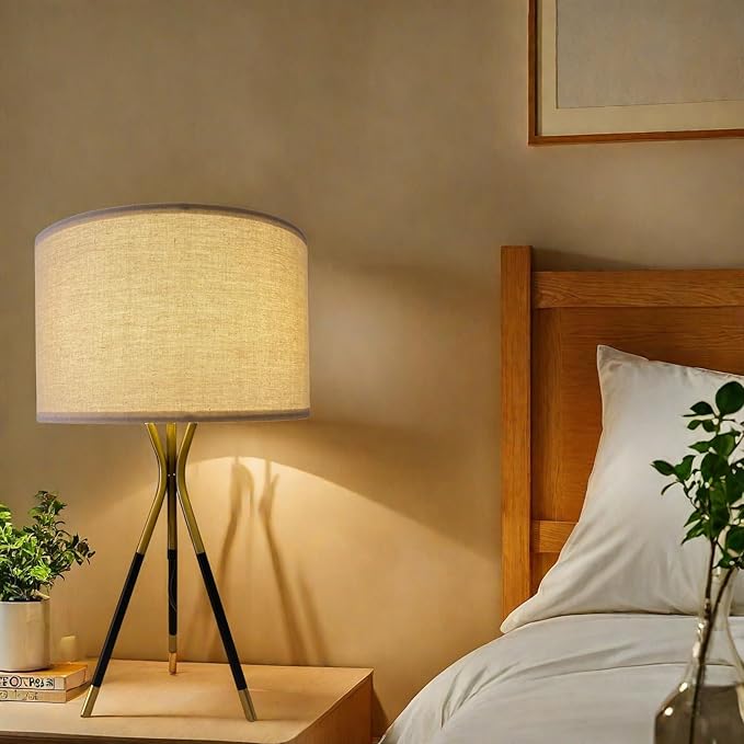 JINGOE 20.8" Modern Metal Tripod Table Lamp Set of 2, Nightstand Lamp with Beige Linen Lampshade, Side Table Lamp for Bedroom Living Room Coffee Table Home Office (Bulb Included) photo 6