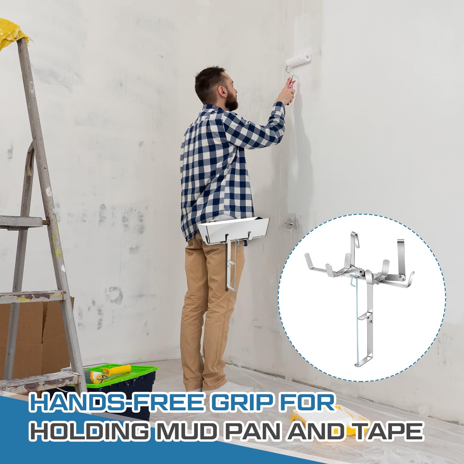 Blulu 1 paquete de soporte de barro para paneles de yeso y soporte de cinta de carrete para acabado de pared, sostiene bandeja de barro de 12 pulgadas y cinta de 500 pies