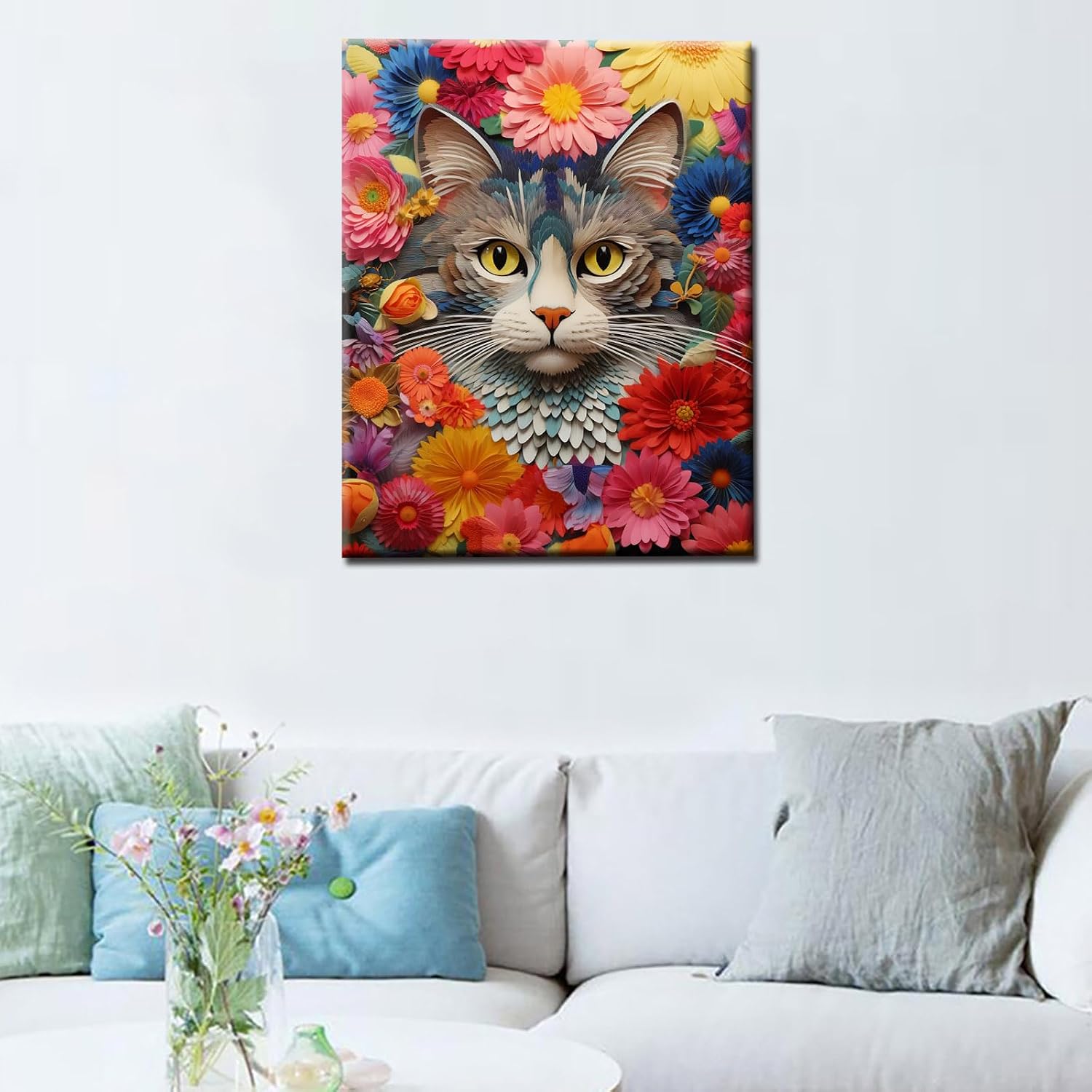 Tucocoo DIY Painting by Numbers for Adults Beginner,Cute Cat in Flower Paint by Number on Canvas Easy to Paint for Beginner with Pigment and Brushes Colorful Flowers with Frame 16''X20''