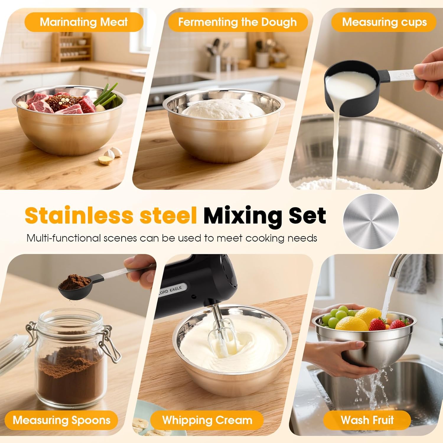 Lord Eagle 5-Speed Hand Mixer Electric With 4 Stainless Steel Mixing Bowls Set, 300W Lightweight Kitchen Handheld Mixer with Measuring Cups & Spoons, Baking Supplies for Cake, Black