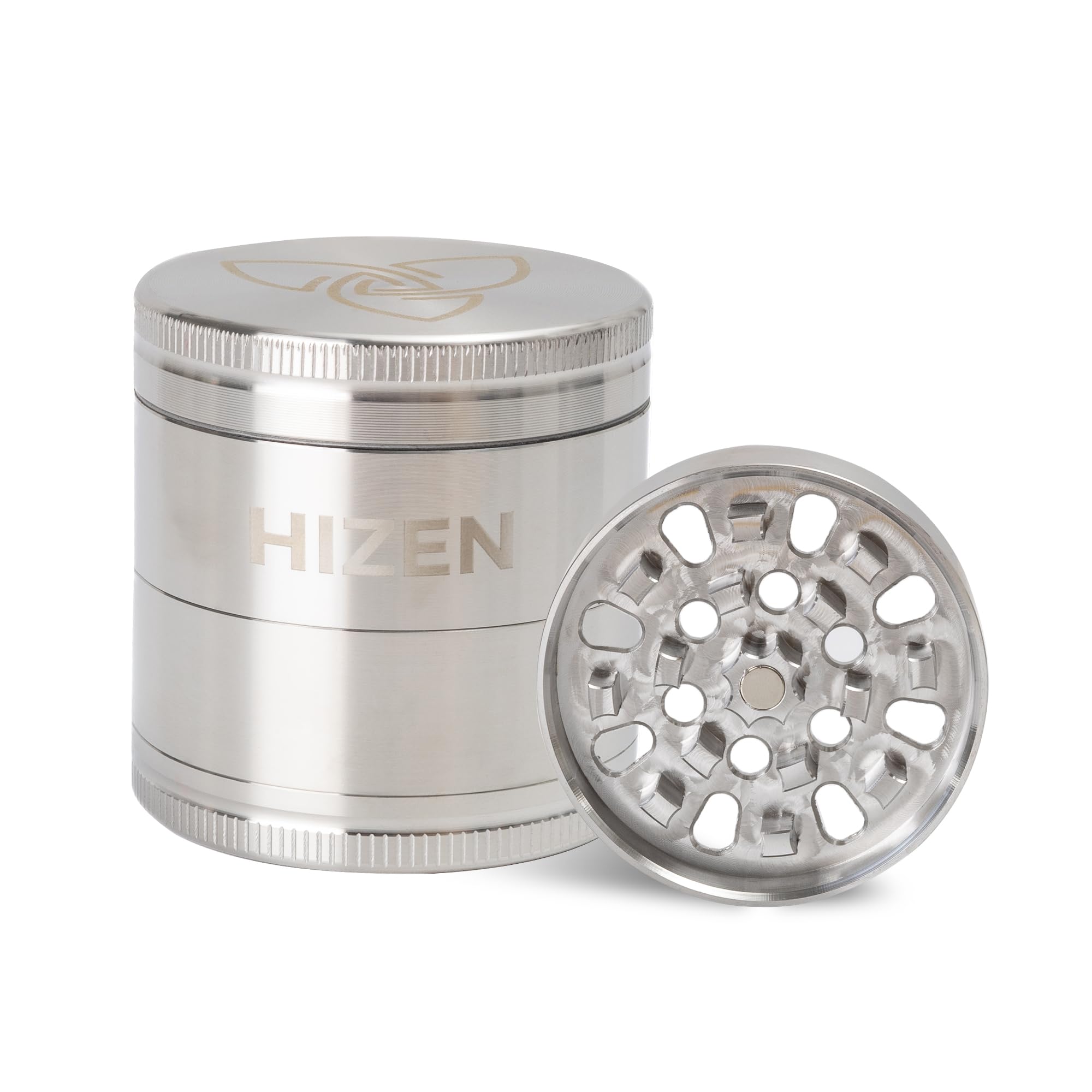 Grinder Edelstahl 4-teilig, mit Siebfach + Schaber - optimiertes Mahlwerk, abriebfest, magnetisch - Silber Glänzend Ø4.9cm