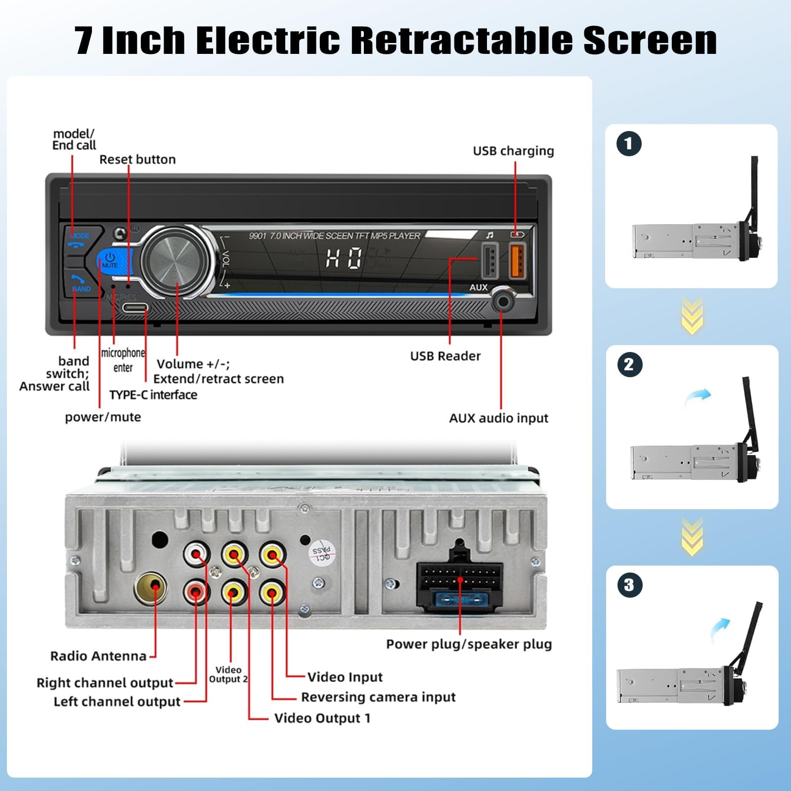 Autoradio Écran Tactile 1 Din de 7 Pouces Capacitif à Déploiement Rapide avec Bluetooth Mirror Link FM/RDS SWC USB AUX + AHD Caméra de Recul