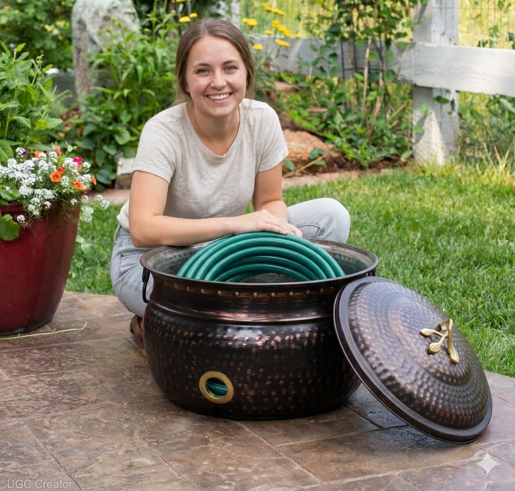 BIRDROCK HOME Water Hose Holder - Decorative Metal Pot, Indoor or Outdoor, Garden Storage Organizer, Patio Portable Bucket - Distressed Bronze, Holds up to 200ft Hoses, Large with Lid