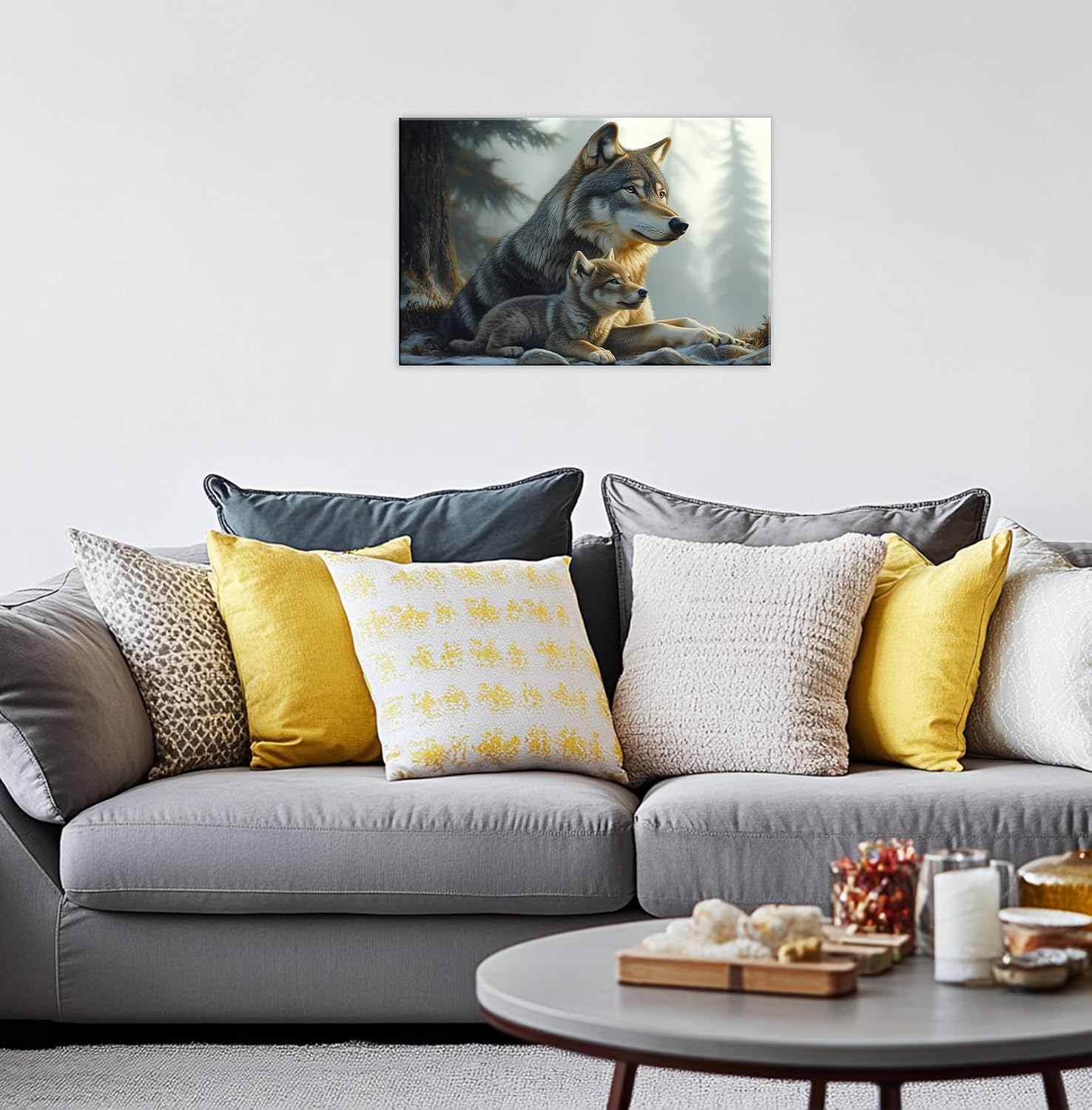 Wild Animal Wall Art Wolf Family Canvas Print Forest Natural Landscape Painting Framed Artwork for Living Room Home Office Wall Decor(Artwork-1,12"x18")
