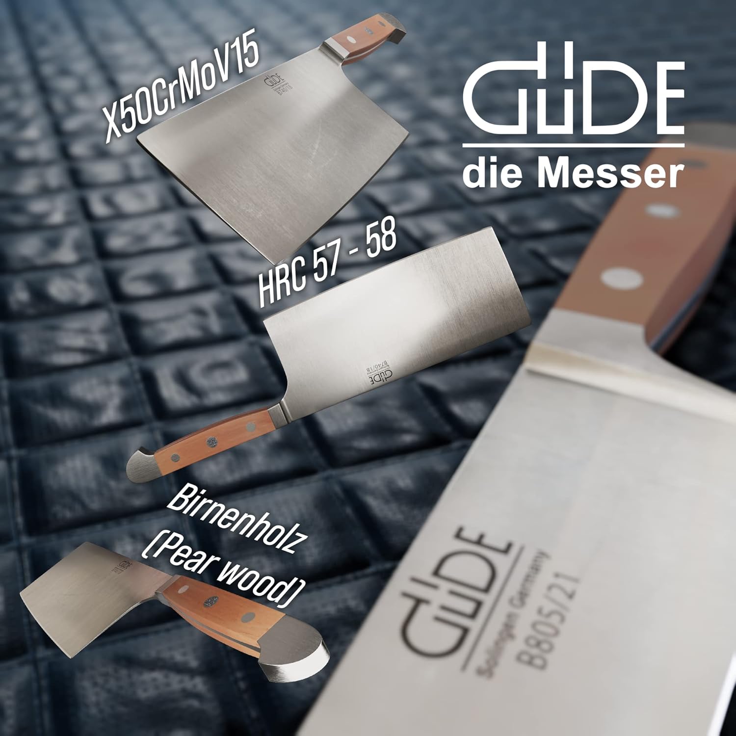 Gude Alpha Pear Series Forged Double Bolster Cleaver With Luxury Pear Wood Handle 7-in, Made in Solingen, Germany Since 1910
