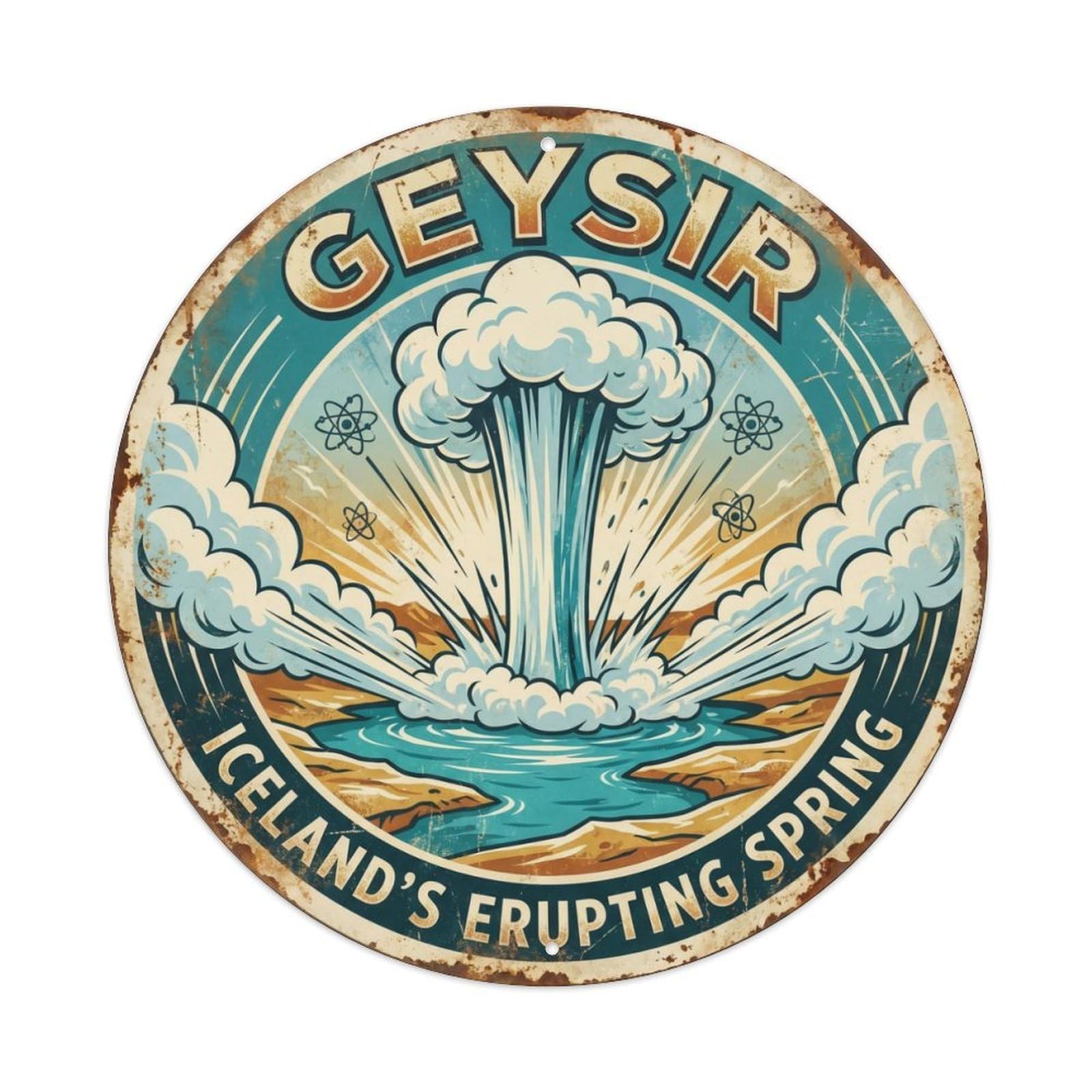 Vintage Travel Geysir Iceland Geyser Metal Tin Sign Plaque Wall Decor for Cafe, Club Bar, Office, Home Garden Round Metal Poster 8x8Inch