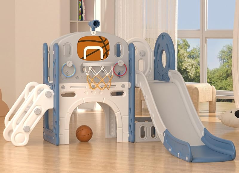 Juego de toboganes para niños pequeños 8 en 1, tobogán para niños de 1 a 3 años | Juego al aire libre para niños pequeños con aro y pelota de baloncesto, parque infantil interior al aire libre para niños pequeños