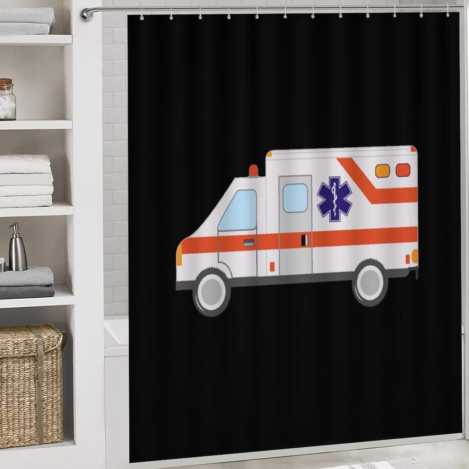 Ambulance Emergency Medical Technician Bathroom Sets with Shower Curtain and Rugs 4 Piece with U-Shaped Floor Mat Toilet Lid Cover