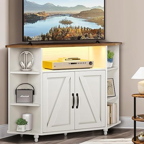 4 EVER WINNER Corner TV Stand for 50 Inch TV, Corner Entertainment Center with LED Lights and Adjustable Shelves, Farmhouse Corner TV Cabinet with Barn Doors for Living Room, White