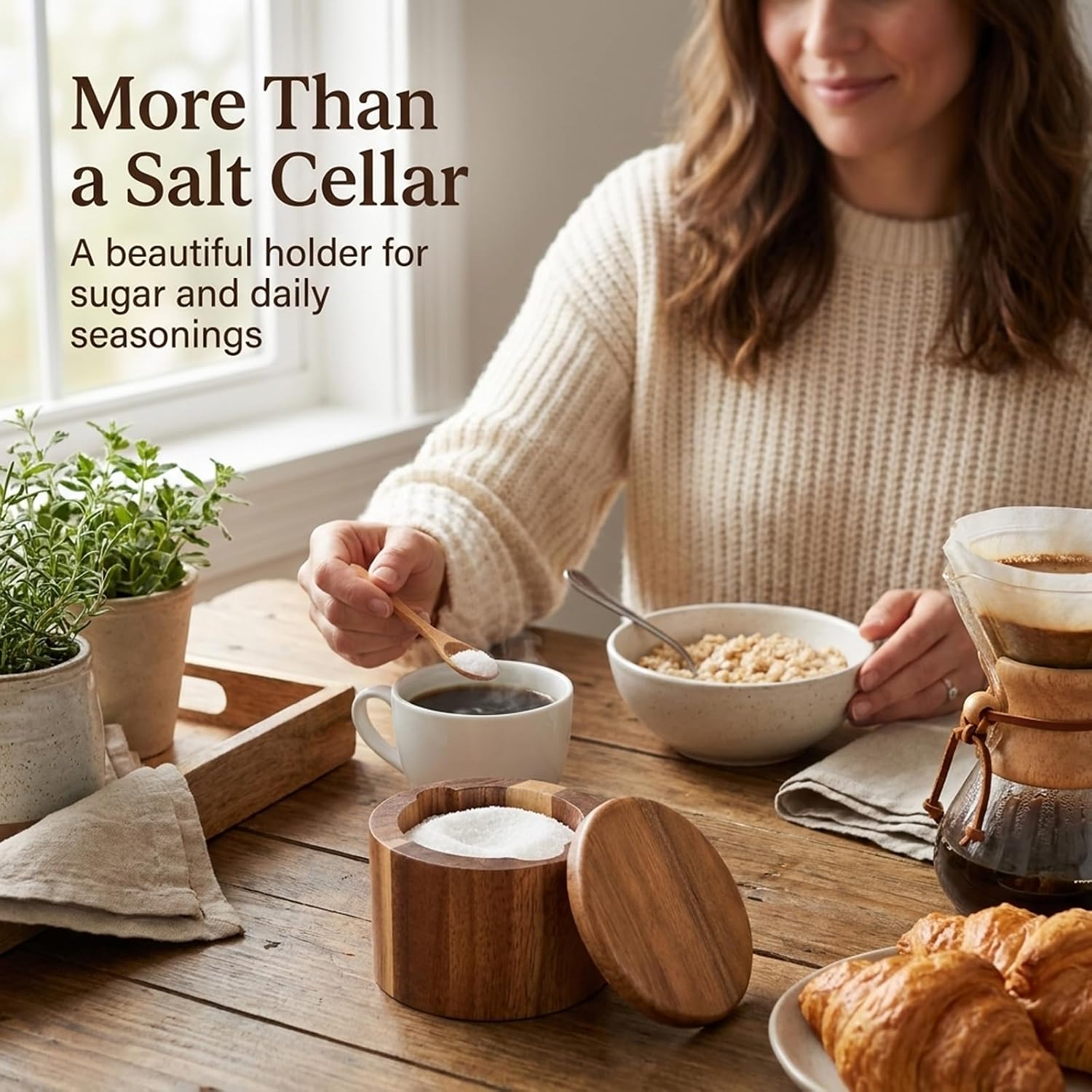 Acacia Wood Salt Cellar, 6 OZ Salt Container with Swivel Magnetic Lid, Salt Holder Bowl with Wooden Spoon for Kitchen Countertop Seasoning Storage