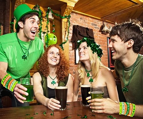 Miniatura 3 de Moon Boat 74 pulseras de goma con trébol del día de San Patricio, suministros de fiesta, decoración de regalos, 6 estilos