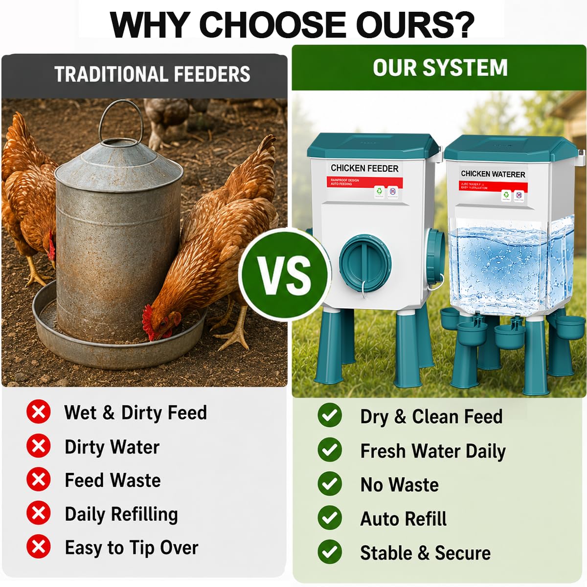Juego de comedero y bebedero de pollo, sistema automático de alimentación de aves de corral sin residuos, alimentador de 17 libras y bebedero de 7 litros, kit de gallinero 4 en 1 con soporte