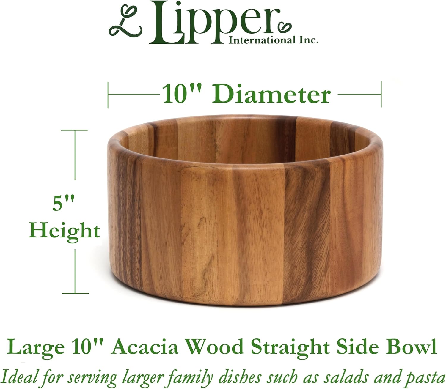 Lipper International Acacia Straight-Side Serving Bowl for Fruits or Salads, Large, 10" Diameter x 5" Height, Single Bowl