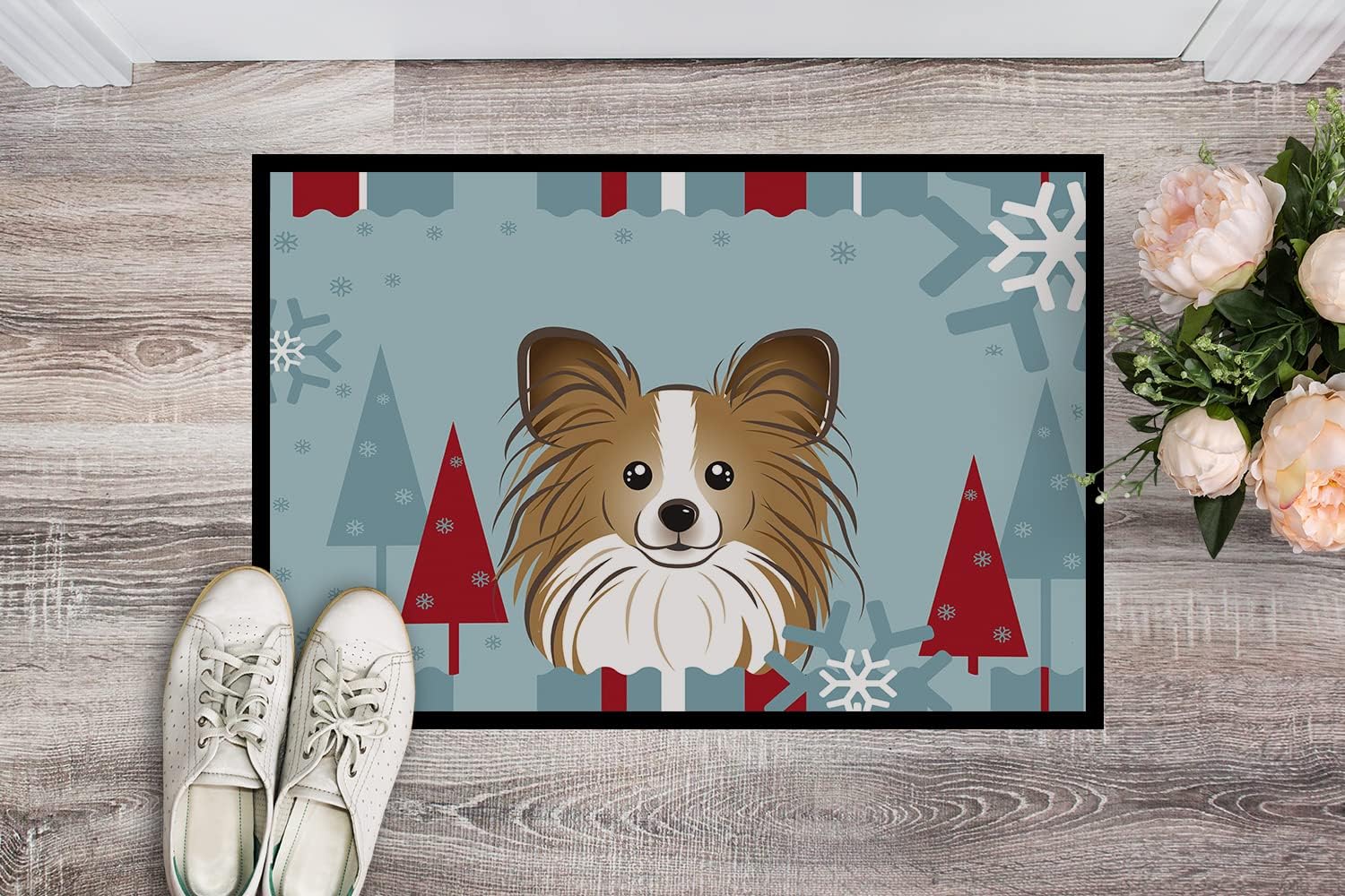 Caroline's Treasures BB1744MAT Winter Holiday Papillon Doormat 18x27 Front Door Mat Indoor Outdoor Rugs for Entryway, Non Slip Washable Low Pile, 18H X 27W