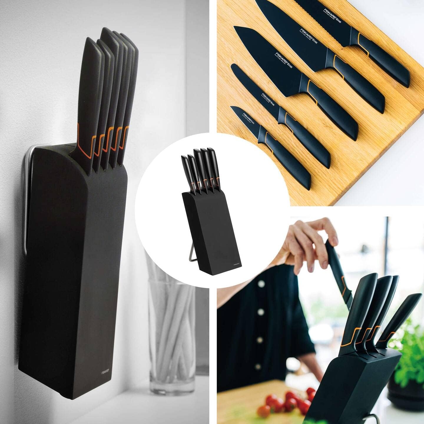 Fiskars Набор из 5 ножей в блоке Edge Ширина 15 5 см Высота 37 см Березовое дерево Современный дизайн Черный 1003099