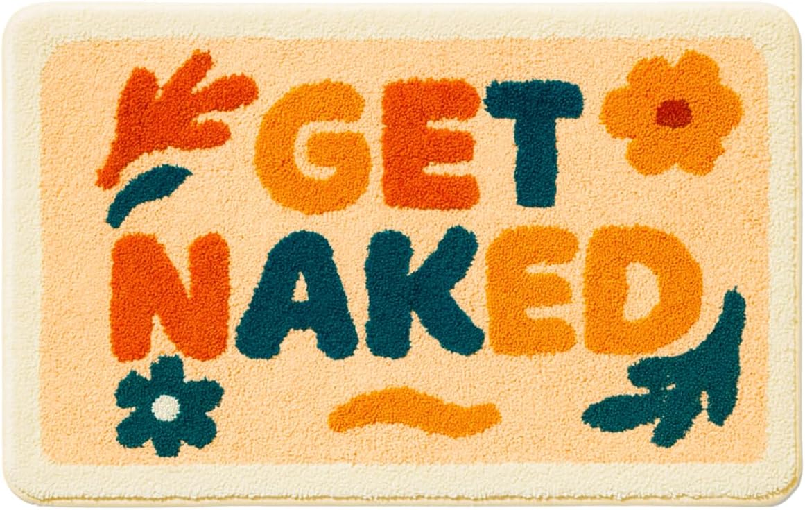 Get Naked Bath Mat – 31.5 x 20 Inch Long Plush Flocking Bathroom Rug, Cute Funny Bath Rug with Retro Letters, Soft Non-Slip Decorative Mat for Shower, Tub, and Bathroom Decor