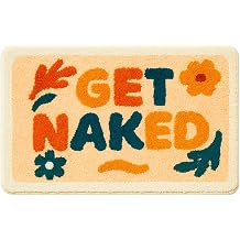 Get Naked Bath Mat, 31.5 x 20 Inch Plush Funny Bathroom Rug | Soft non-slip flocked rug with retro lettering for showers, tubs, and bathrooms, adding cute pink and orange novelty decor.