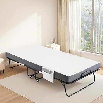 LIFERUN Folding Bed Frame with Mattress - 75" x 35" Cot Size, Portable and Rollaway with a 4-Inch Thick Plush Memory Foam Mattress and Robust Metal Frame, Ideal for Compact Living Spaces,Space-Saving