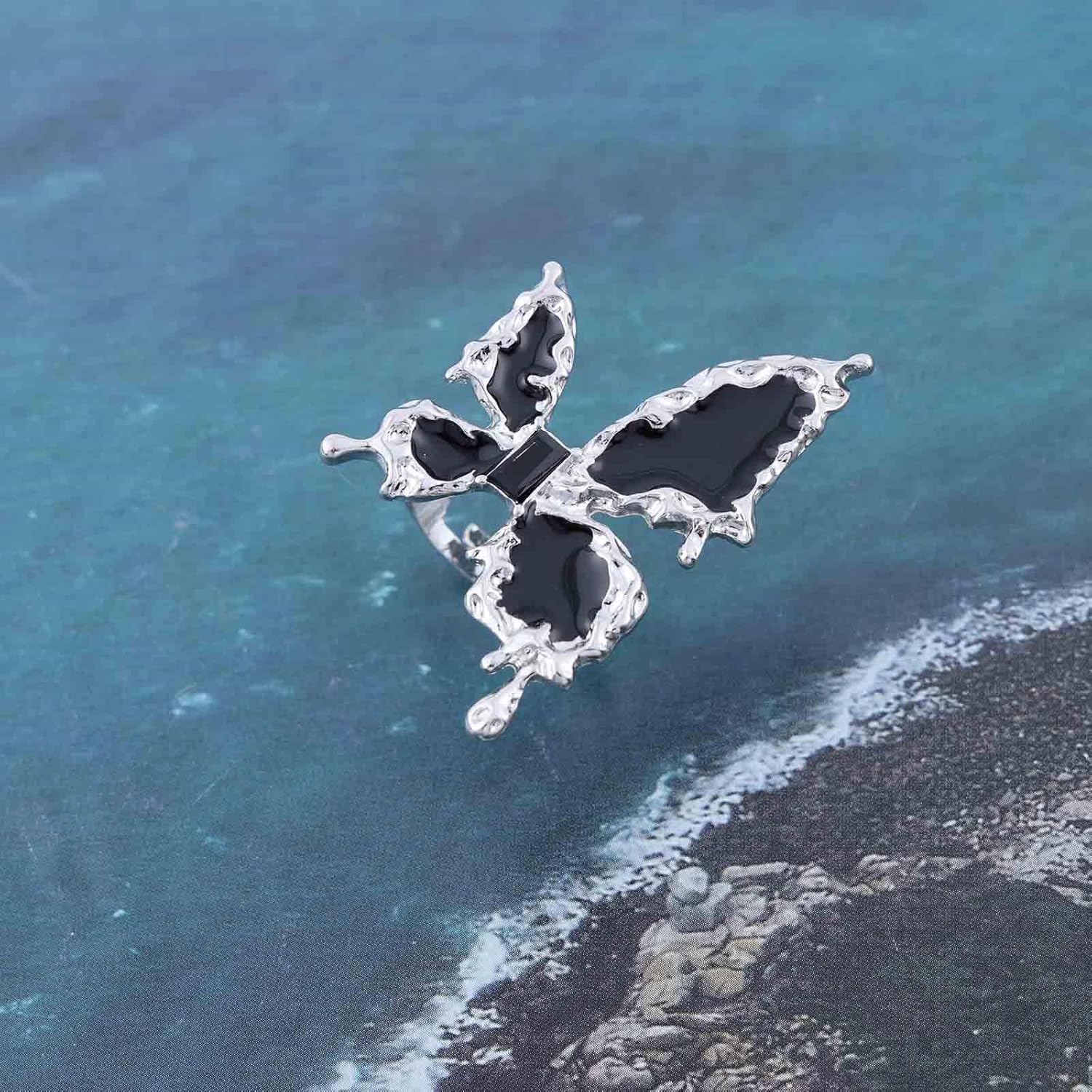 Vintage Enamel Butterfly Rings Black Butterfly Finger Ring Gothic Asymmetrical Knuckle Rings Punk Statement Ring Adjustable Exaggerated Rings Jewelry for Women - Image 4