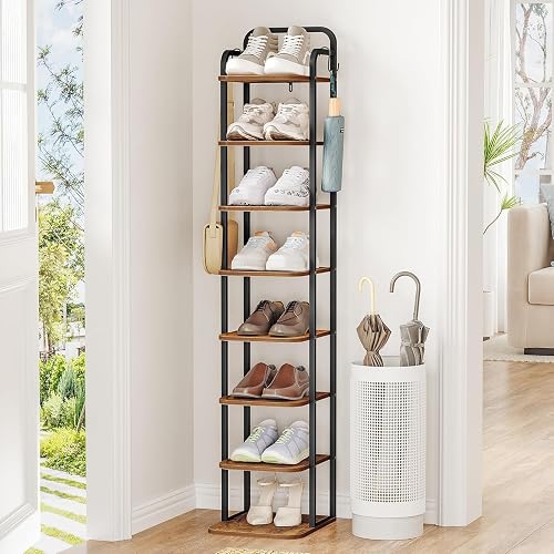 Hzuaneri 8 Tiers Vertical Shoe Rack, Narrow Shoe Tower, Tall Shoes Shelf with 2 Hooks, Adjustable Shelves, Corner Shoes Shelves for Small Spaces, Entryway, Living Room, Rustic Brown SR04301B - Rustic Brown and Black - 8 Tier(11.8"D x 10.4"W x 53.2"H)