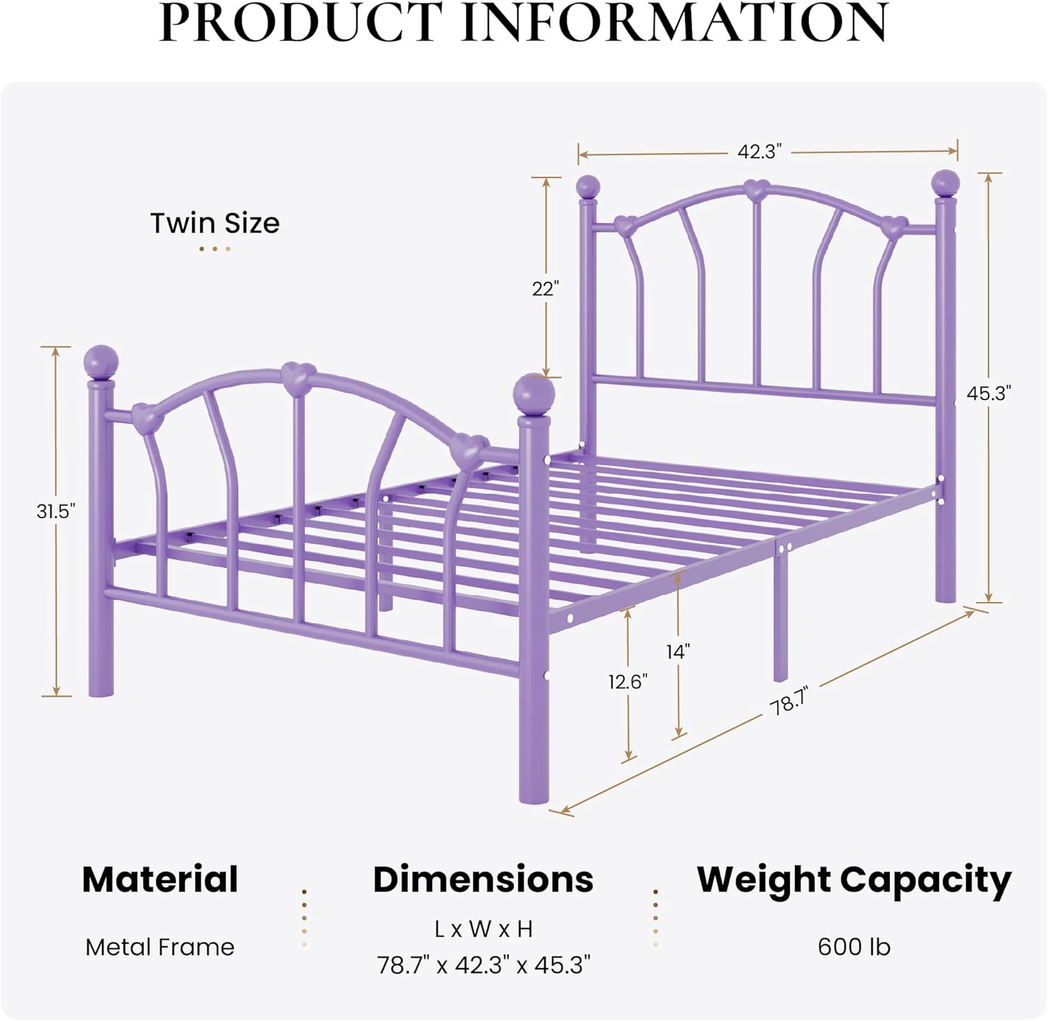 SHA CERLIN 14 Inch Twin Size Metal Platform Bed Frame with Heart Shaped Headboard/Footboard, Under Bed Storage, Noise Free Mattress Foundation, No Box Spring Needed, Easy Assembly, Lavender Purple