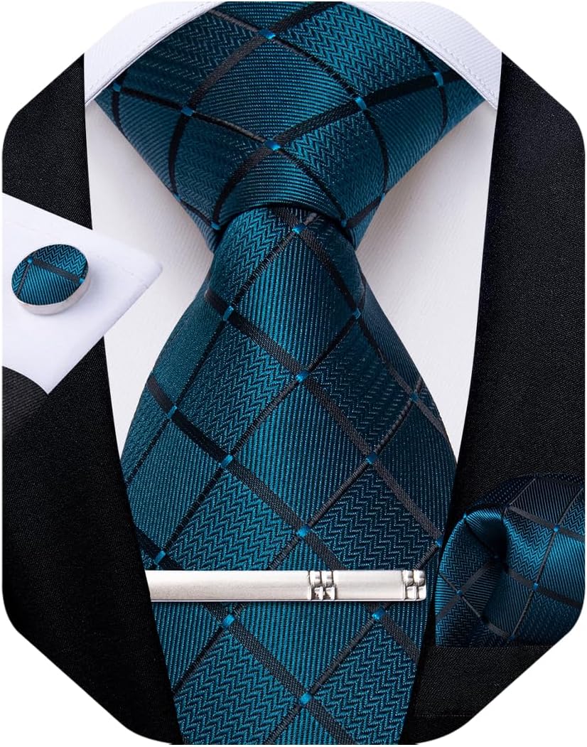 DiBanGu Silk Ties for Men Formal Plaid Check Necktie and Pocket Square Cufflinks Tie Clip Set Wedding Necktie with Gift Box