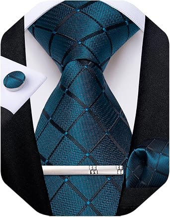 DiBanGu Mens Silk Plaid Tie and Pocket Square Set