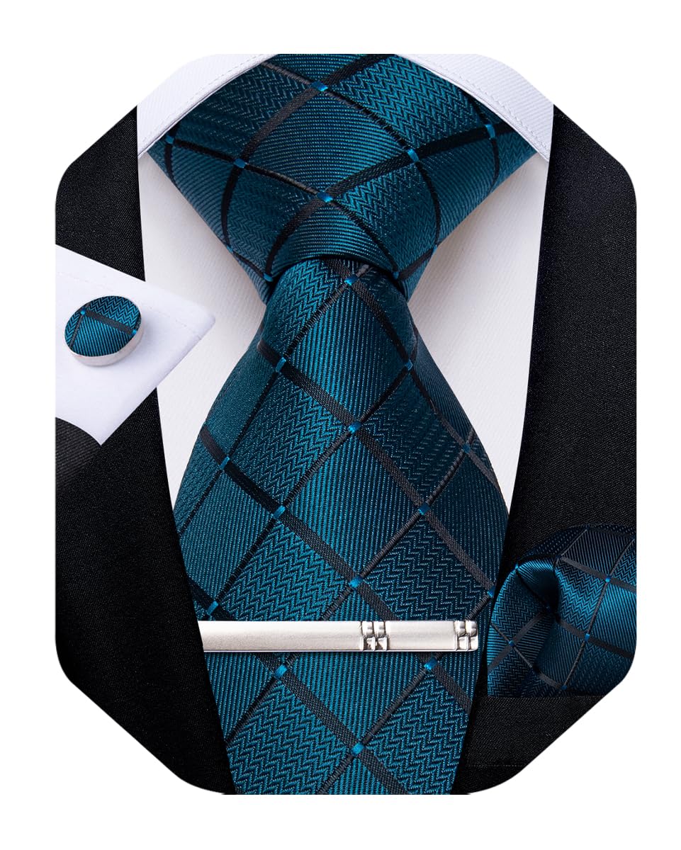 DiBanGu Mens Silk Plaid Tie and Pocket Square Set