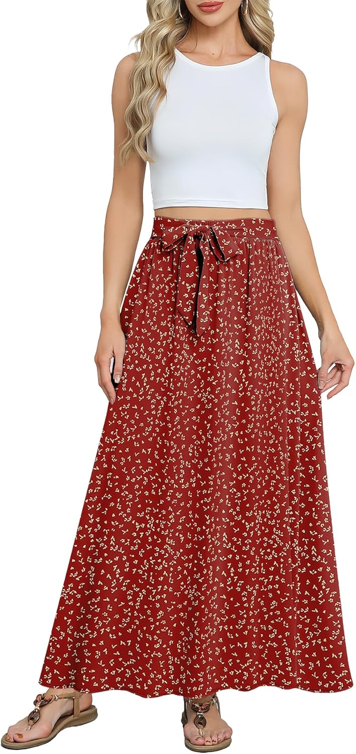 Askyes Womens Maxi Skirt Summer Trendy Tie Knot Elastic High Waisted Boho Casual Beach Flowy Swing Long Skirts with Pockets - Image 4