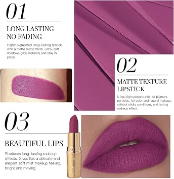 Purple Matte Lipstick, Dark Red Lip Stick for Women, Hot Color Lipgloss Smooth Full-Coverage Moisturizing, Waterproof Non-sticky Lips Tinted, Lip Balm Long Lasting Gift for Lady
