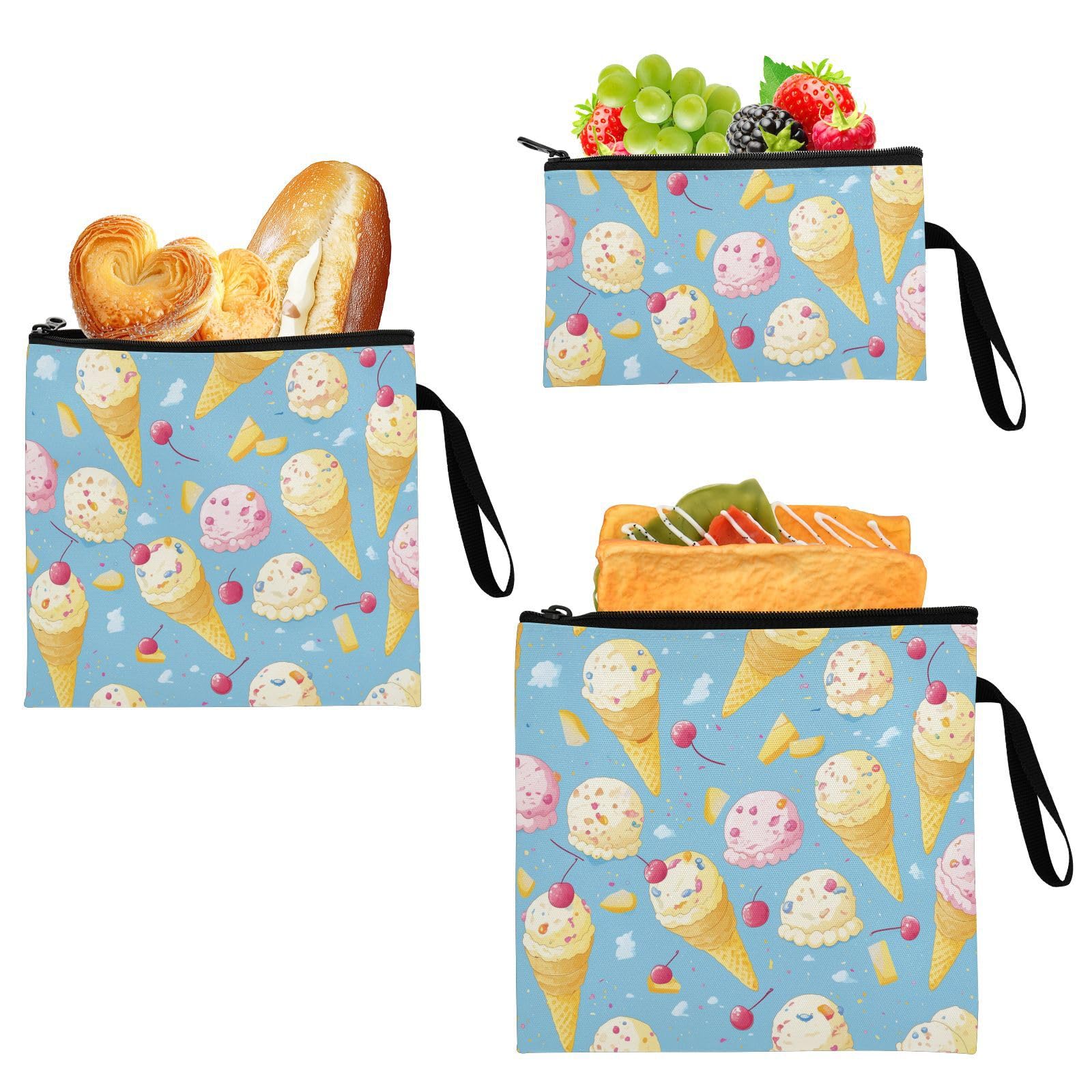 Yoogain Cartoon Ice Crem Ball Blue 3 pack Reusable Sandwich and Snack Bags Multi-Use Emergency Snacks Makeup Bag for Work Picnic or Travel