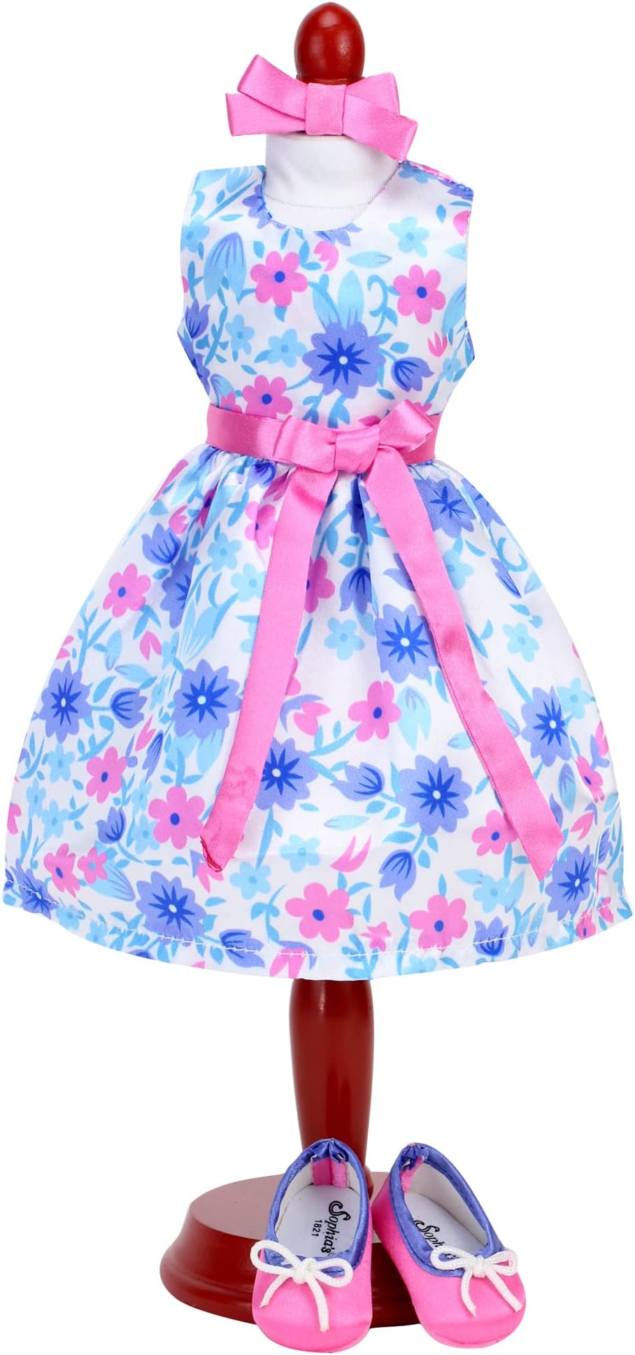 14 Inch Doll Clothes/Clothing,14 Inch Doll Dress with Shoes by Sophia's | Satin Floral Party Dress, Hair Bow & Shoes Fits American Girl Wellie Wishers Dolls | 14 In Doll 3 Piece Set