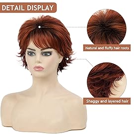 TISHINING Short Ombre Copper Pixie Cut Wigs for White Women Layered Copper Mixed Auburn Curly Wig with Bangs Natural Looking Synthetic Daily Party Wig