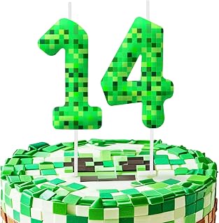 Green Pixel 14th Birthday Number Candles, Number 14 Candle Cake Topper Decorations for Green Pixel Game Themed Parties, Birthday Cake Candles for Boys Girls Kids Party Supplies