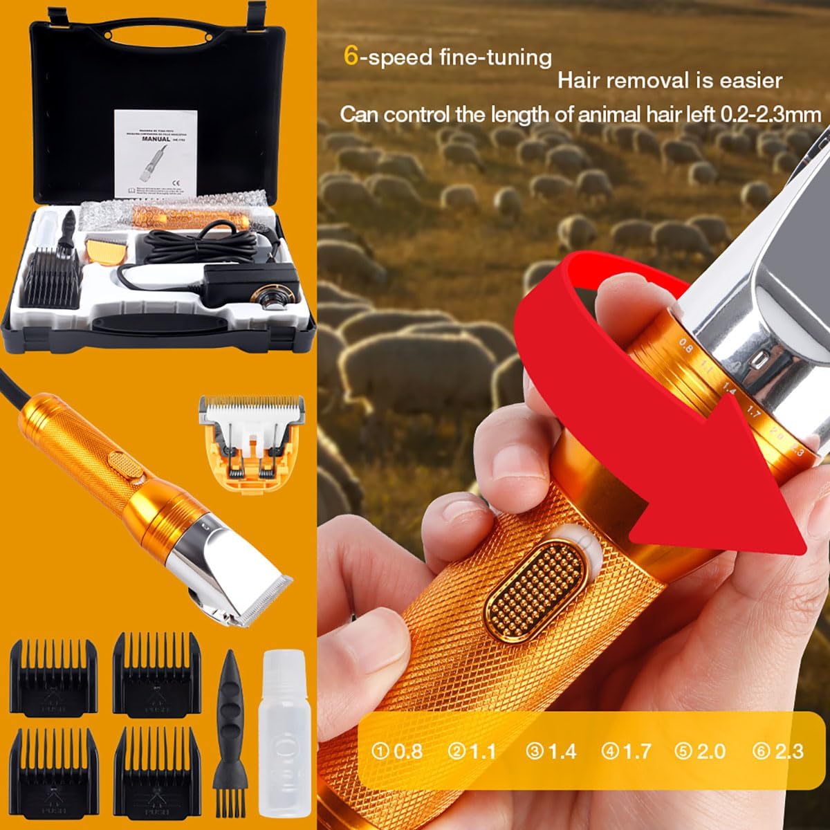 Professionelle Fellschere für Hunde, robuste elektrische Schere mit verstellbarem Klingenabstand und Begrenzungskamm für Haustiere und Nutztiere mit langem Haar
