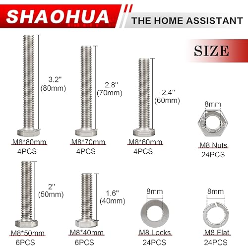 Miniatura 2 de SHAOHUA Kit surtido de 96 tuercas y pernos  M8 x 405060703.150 in  Pernos hexagonales de acero inoxidable 304 resistentes, tuercas planas y