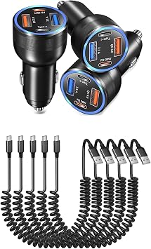 3 Pack 65W Multi Port 12V USB C & USB A Car Charger Adapter with 5 Pack Coiled USB Type C Coiled Cable Compatible for iPhone, Galaxy, Google and Other Android Devices