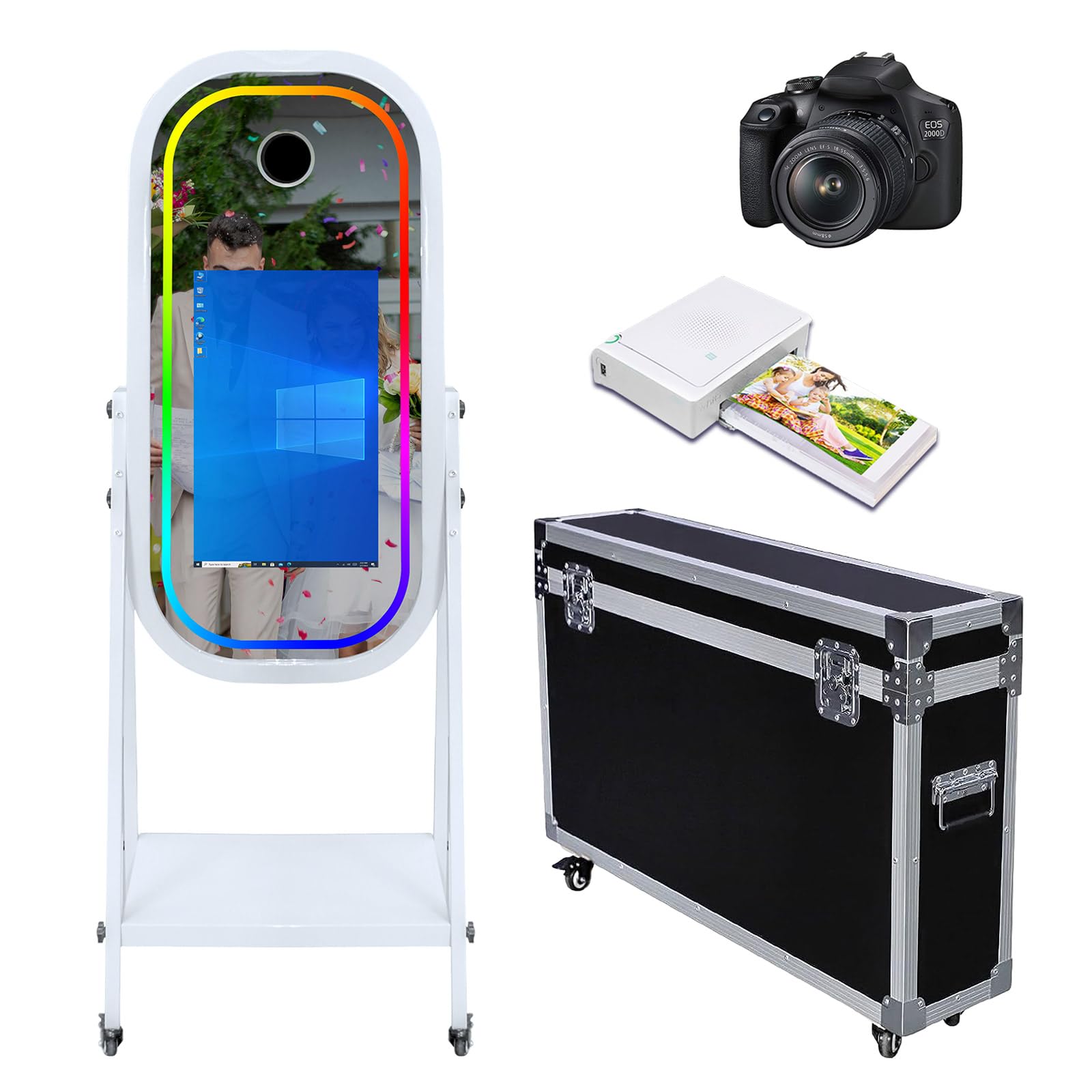 Máquina de fotomatón de espejo mágico con pantalla táctil de 21.5 pulgadas, máquina de fotomatón para selfie, luz RGB para eventos, alquiler de bodas, fiestas (Máquina + cámara + mini impresora)
