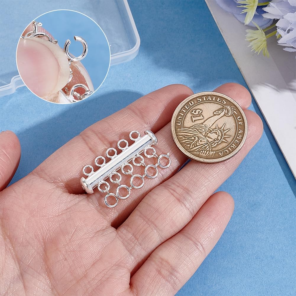 PH PandaHall 925 Sterling Silver Necklace Layering Clasp Layered Detangler Clasp 5 Strands Necklace Connectors Stacker Clasps with Slide Lock Clasps for Bracelet Jewellery Making, 30mm