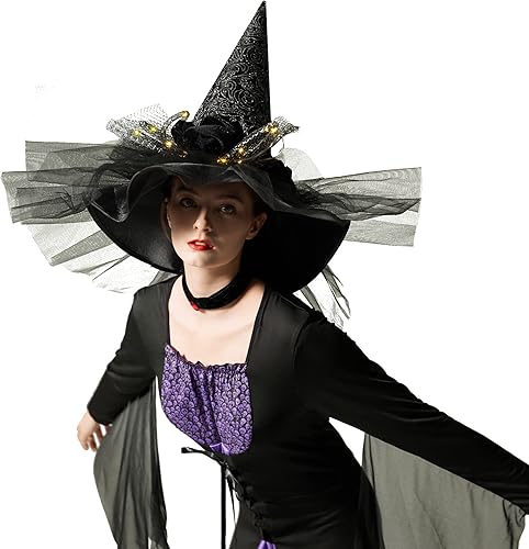 Miniatura 7 de Sombreros de bruja para Halloween para fiesta de Halloween, carnavales, decoración de bruja con luces con araña