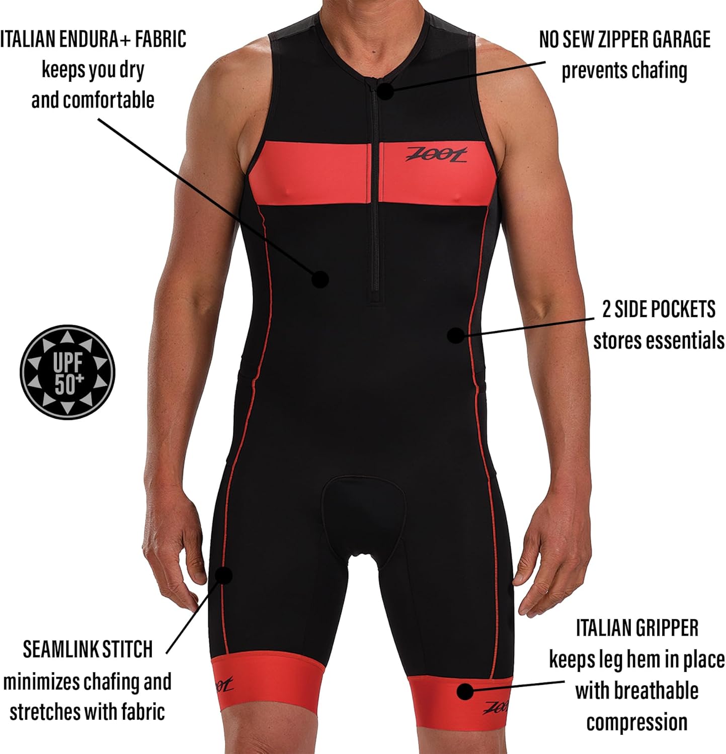 Zoot Men’s Core Tri Tank Racesuit, Sleeveless Triathlon Suit, Swim Bike Run Chamois Pad, Pockets, UPF 50+ Quick Dry Fabric