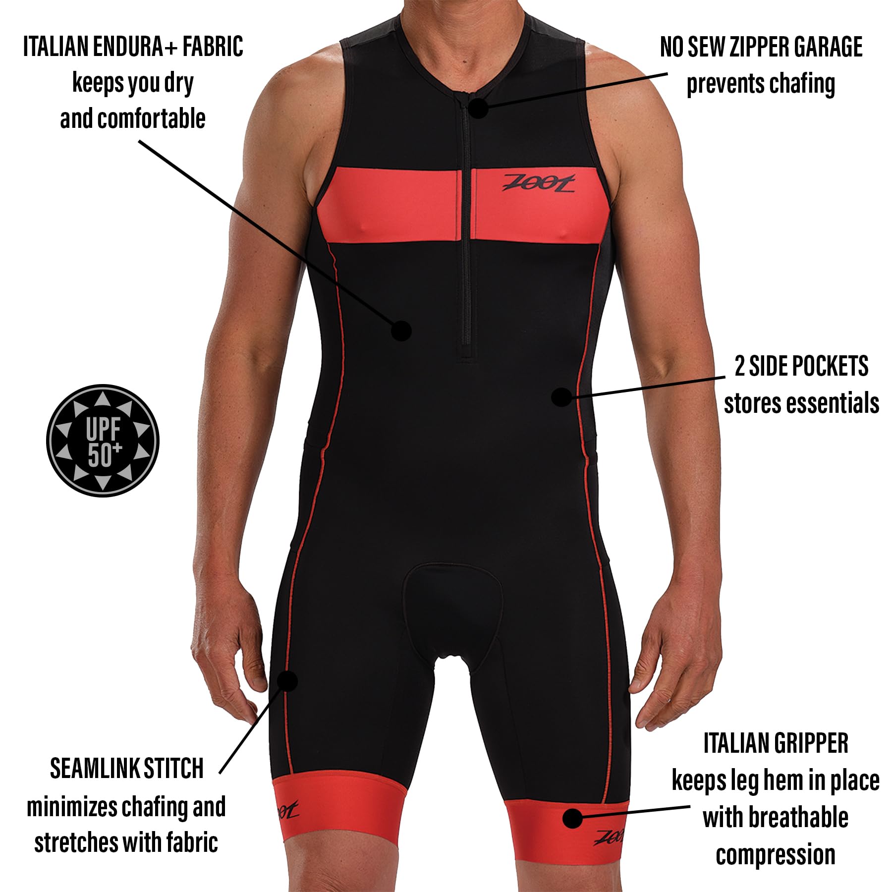 Zoot Tuta da triathlon da uomo, senza maniche, con imbottitura in camoscio, con tasche, UPF 50+, ad asciugatura rapida