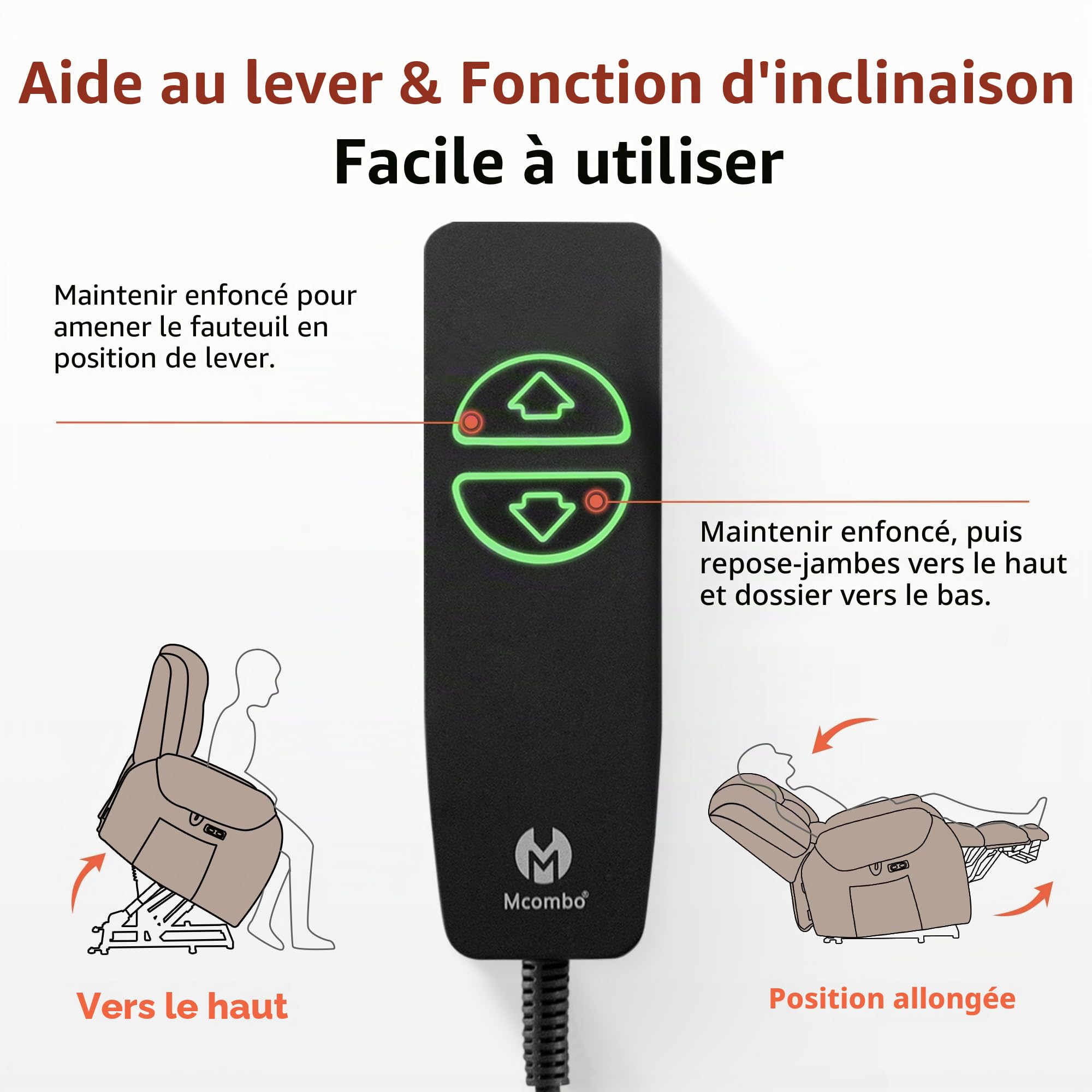 M MCombo Fauteuil TV avec Fonction releveur électrique, avec Massage et Chauffage, Fauteuil Relax avec Fonction inclinable jusqu'à 145°, Porte-gobelets cachés 7252 (Microfibre, Beige-Brun)