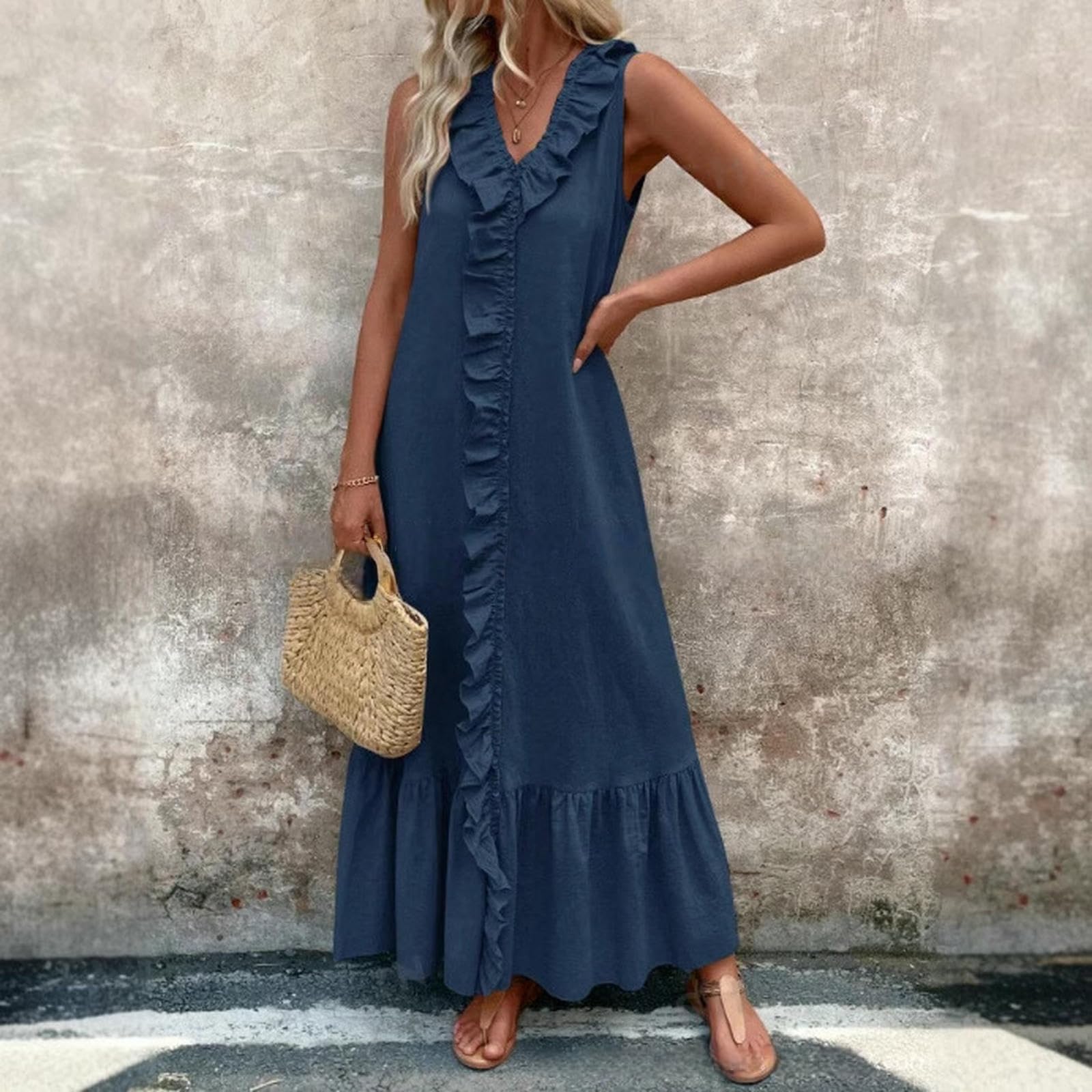 Vestito Maxi Abito Svasato con Scollo A V in Cotone E Lino Primavera Estate — Disponibile-Mare Blu-XL