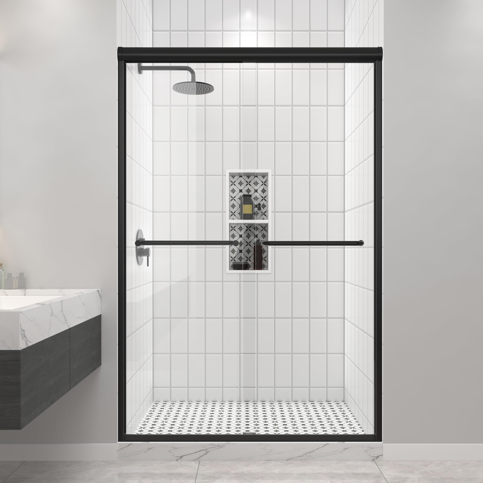 Black Double Sliding Shower Door 43-43-48" W x 70" H, Matte Black, Bypass Shower Door, Clear Glass, Framed, 1/4" (6mm) Tempered Glass