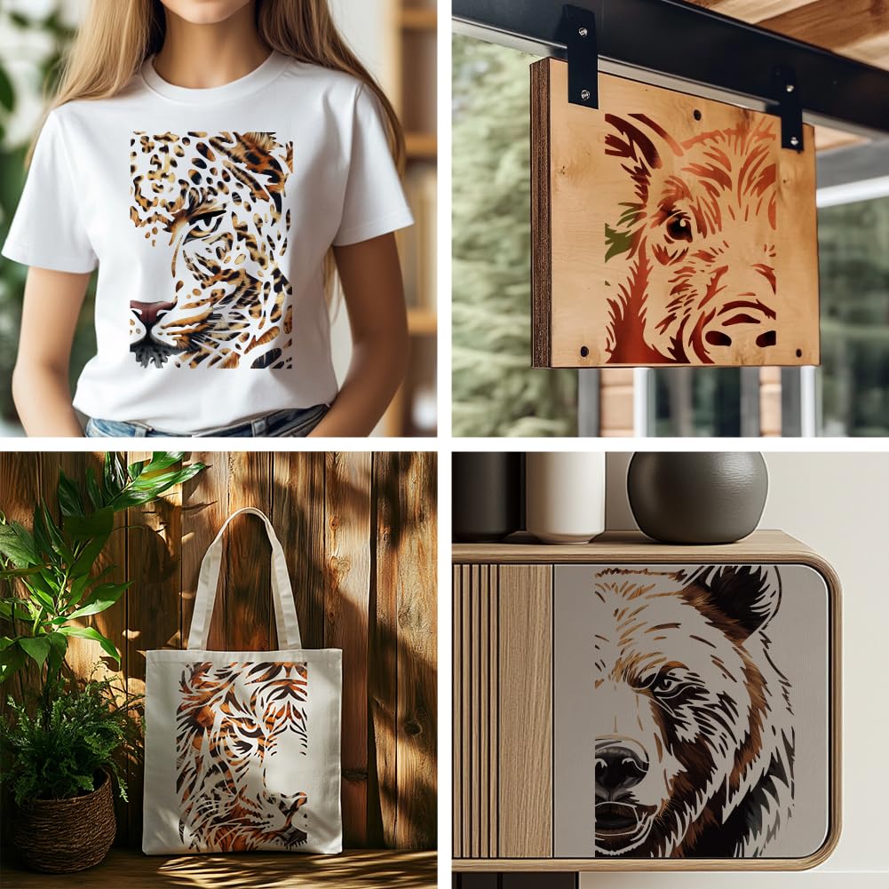 MAYJOYDIY 18 plantillas de animales salvajes con temática de tigre, león y lobo, plantilla de dibujo reutilizable de pollo cerdo leopardo con pincel para muebles de pared, papel, lienzo, decoración de