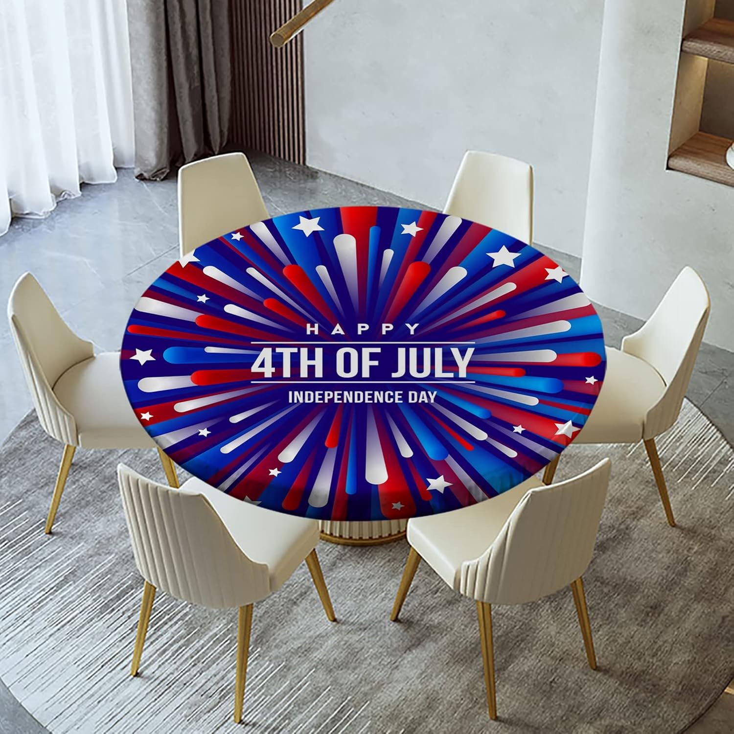 4th of July Fitted Tablecloth Round, American Flag Independence Day Elastic Edge Table Cover, Washable Spill Proof Table Cloth for Kitchen Dining Party, Fits Up to 60 Inch Round Tables, Blue